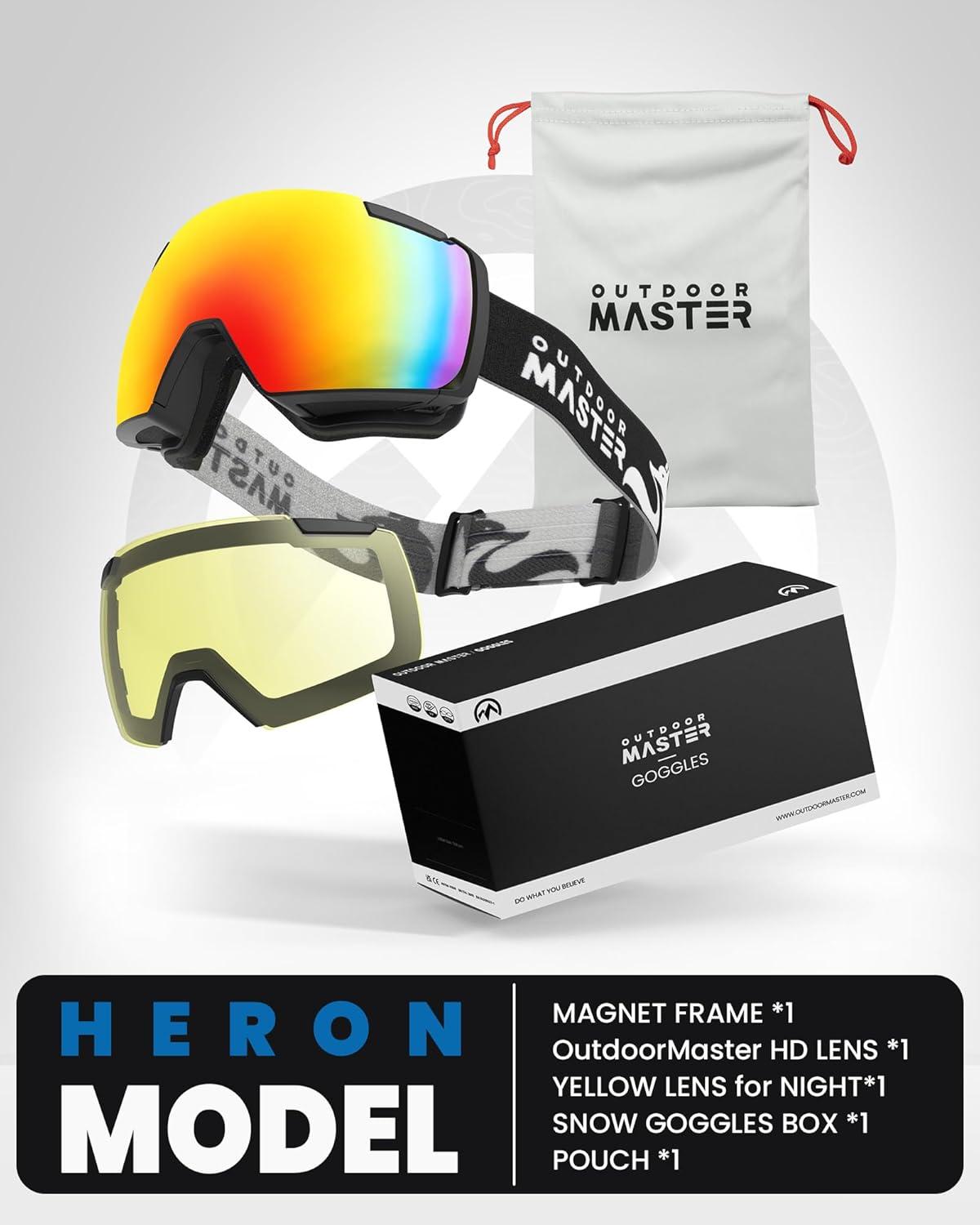 imageOutdoorMaster Heron Ski Goggles with 2 Lens Frameless Magnetic Interchangeable HD Toric Lens OTG Snowboard GogglesAblackframe Revocolorful Vlt 15 Yellowlens