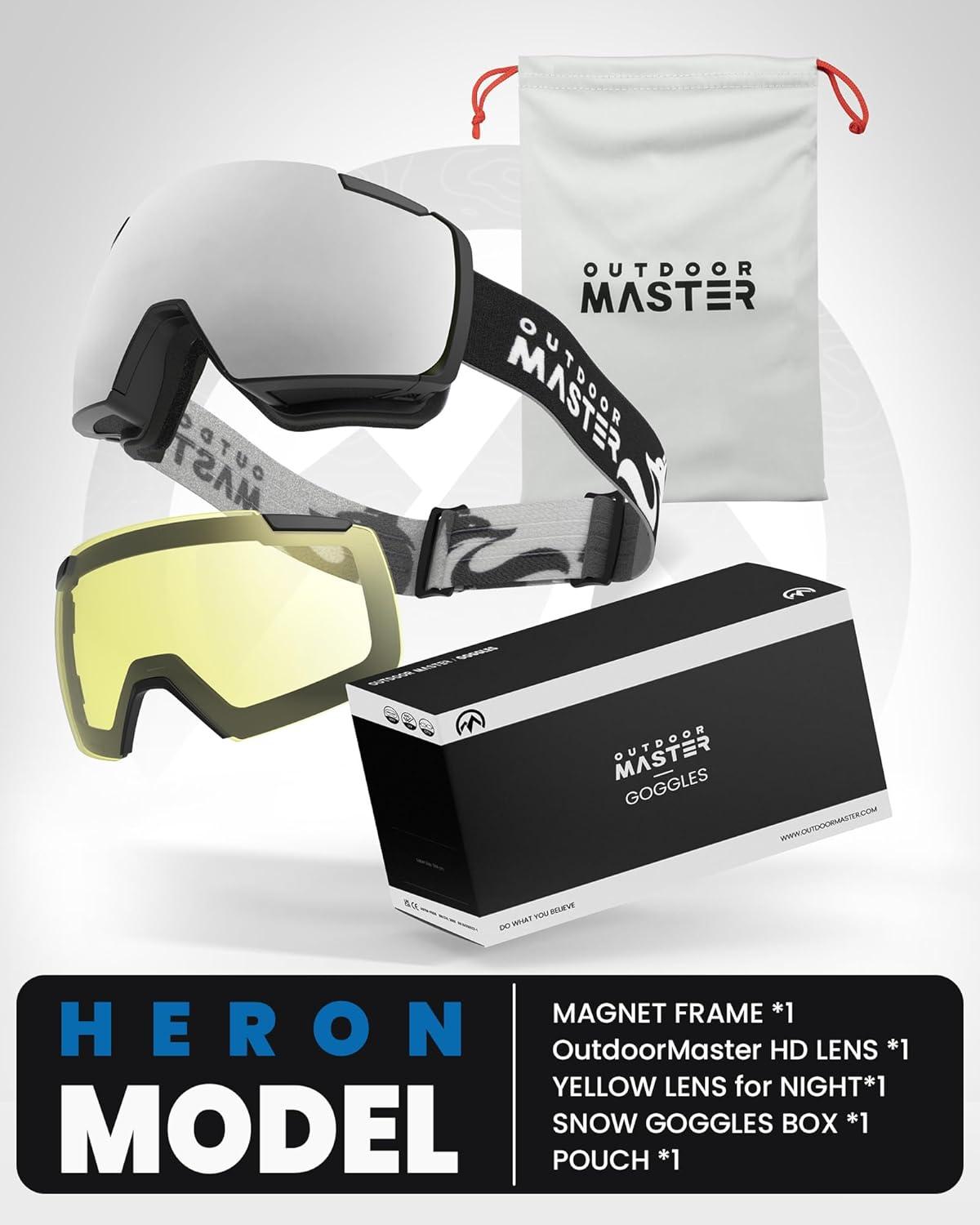 imageOutdoorMaster Heron Ski Goggles with 2 Lens Frameless Magnetic Interchangeable HD Toric Lens OTG Snowboard GogglesAblackframe Silver Vlt 10 Yellowlens