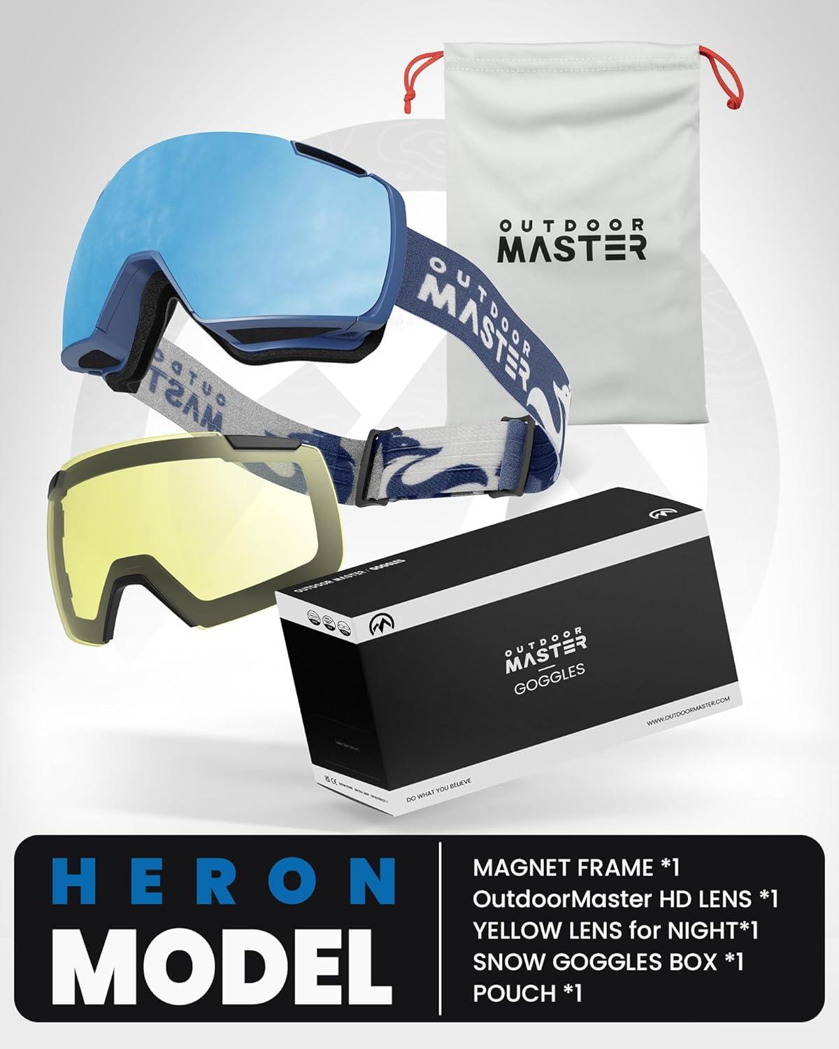 imageOutdoorMaster Heron Ski Goggles with 2 Lens Frameless Magnetic Interchangeable HD Toric Lens OTG Snowboard GogglesAblueframe Revoblue Vlt 16 Yellowlens