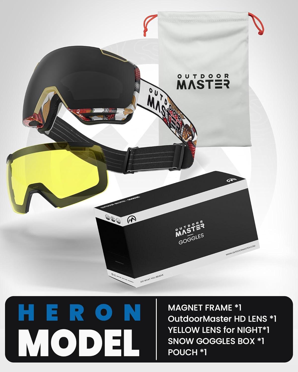 imageOutdoorMaster Heron Ski Goggles with 2 Lens Frameless Magnetic Interchangeable HD Toric Lens OTG Snowboard GogglesAdesignframe Black Vlt 8 Yellowlens
