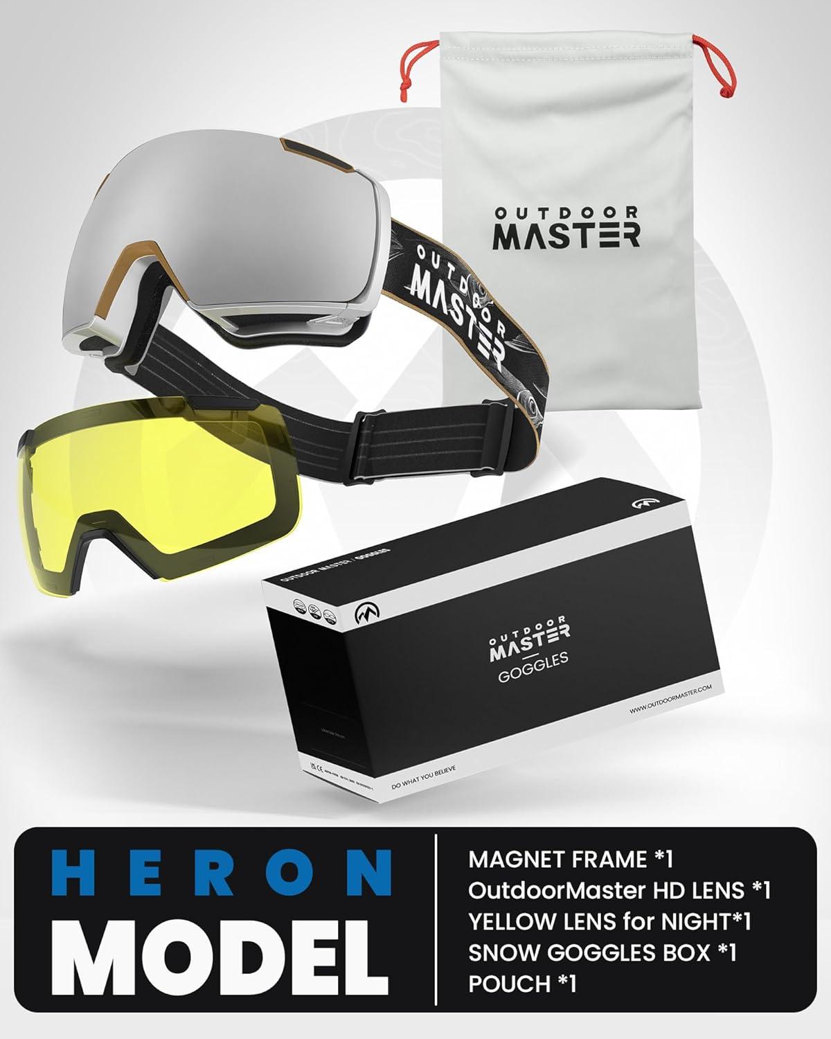 imageOutdoorMaster Heron Ski Goggles with 2 Lens Frameless Magnetic Interchangeable HD Toric Lens OTG Snowboard GogglesAdesignframe Silver Vlt 12 Yellowlens
