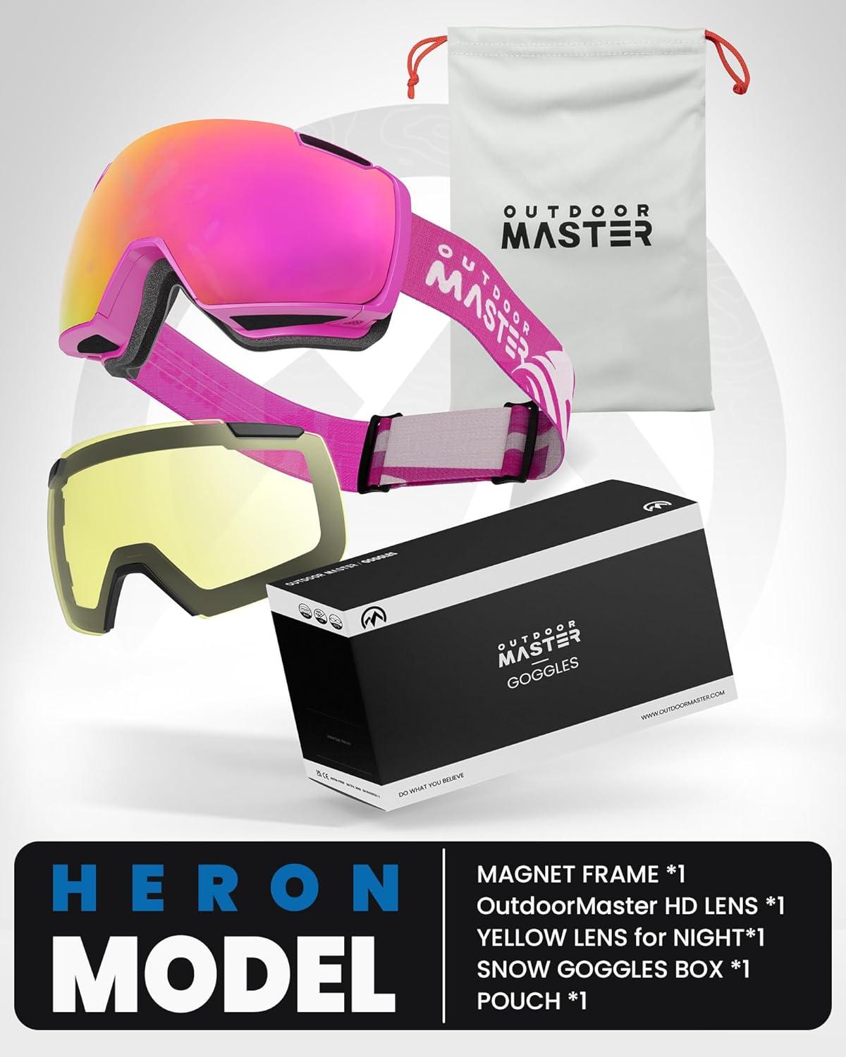 imageOutdoorMaster Heron Ski Goggles with 2 Lens Frameless Magnetic Interchangeable HD Toric Lens OTG Snowboard GogglesAroseframe Revopink Vlt 13 Yellowlens