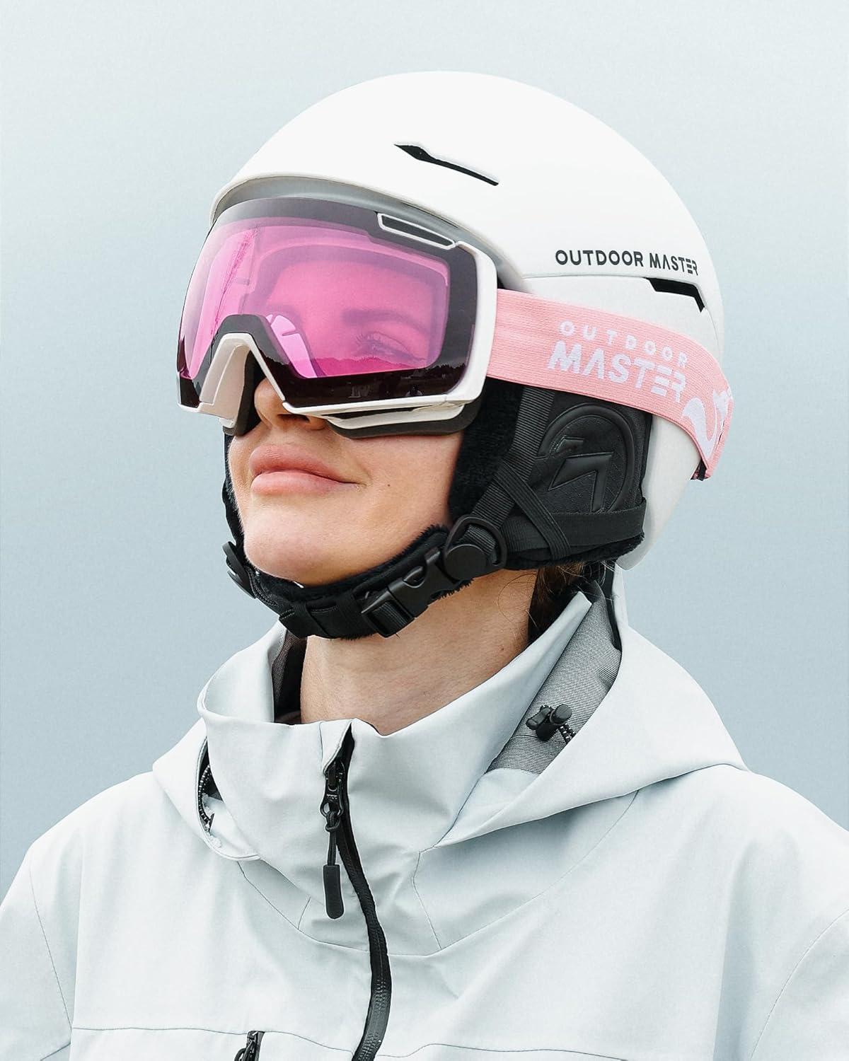 imageOutdoorMaster Heron Ski Goggles with 2 Lens Frameless Magnetic Interchangeable HD Toric Lens OTG Snowboard GogglesAwhiteframe Pink Vlt 46 Silverlens