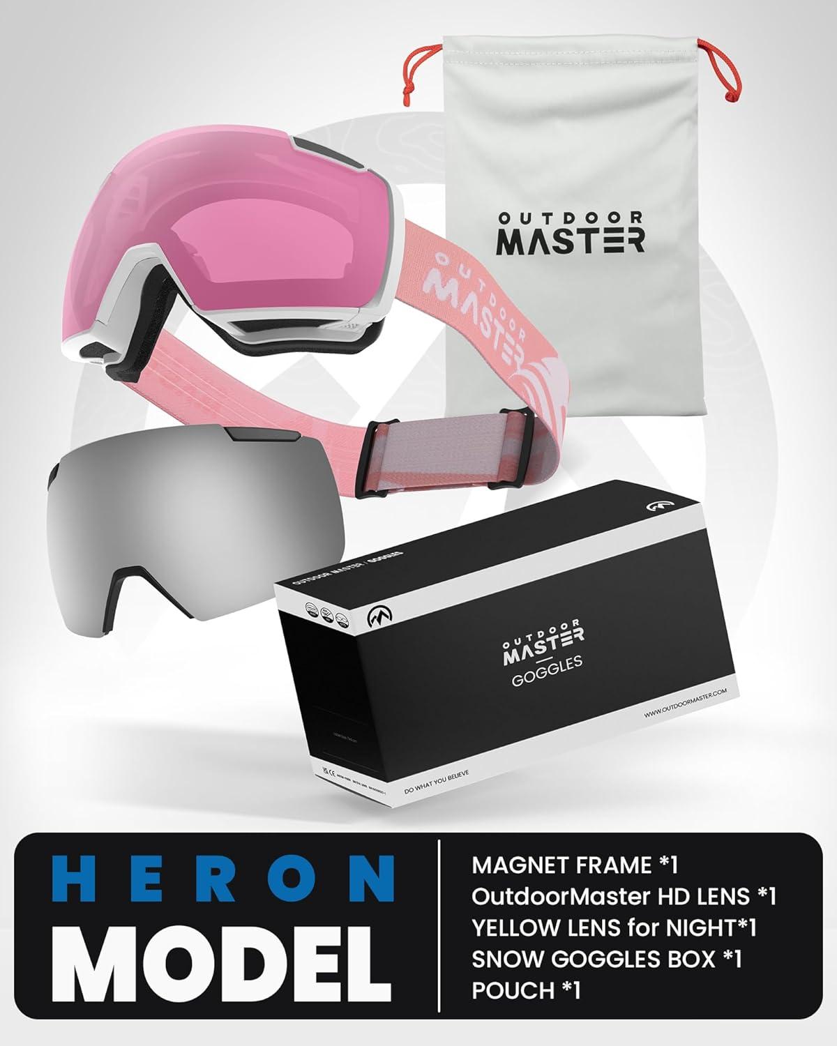 imageOutdoorMaster Heron Ski Goggles with 2 Lens Frameless Magnetic Interchangeable HD Toric Lens OTG Snowboard GogglesAwhiteframe Pink Vlt 46 Silverlens