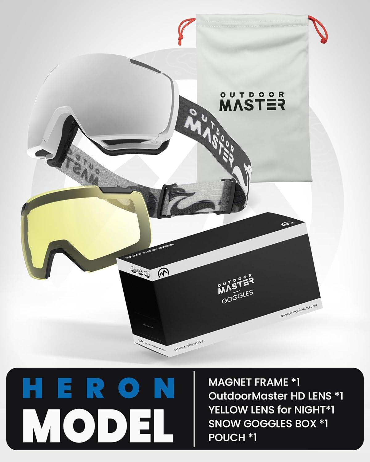 imageOutdoorMaster Heron Ski Goggles with 2 Lens Frameless Magnetic Interchangeable HD Toric Lens OTG Snowboard GogglesAwhiteframe Silver Vlt 10 Yellowlens