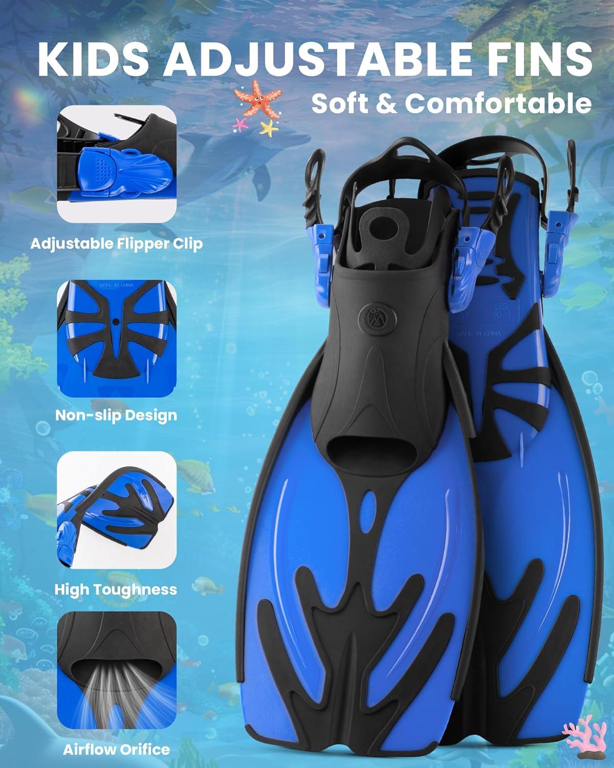 imageOutdoorMaster Marlin Kids Mask Fins Snorkel Set Dry Top Snorkeling Gear with Adjustable Fins AntiFog Snorkel Mask Set for Boys and Girls Age 616Dark Blue
