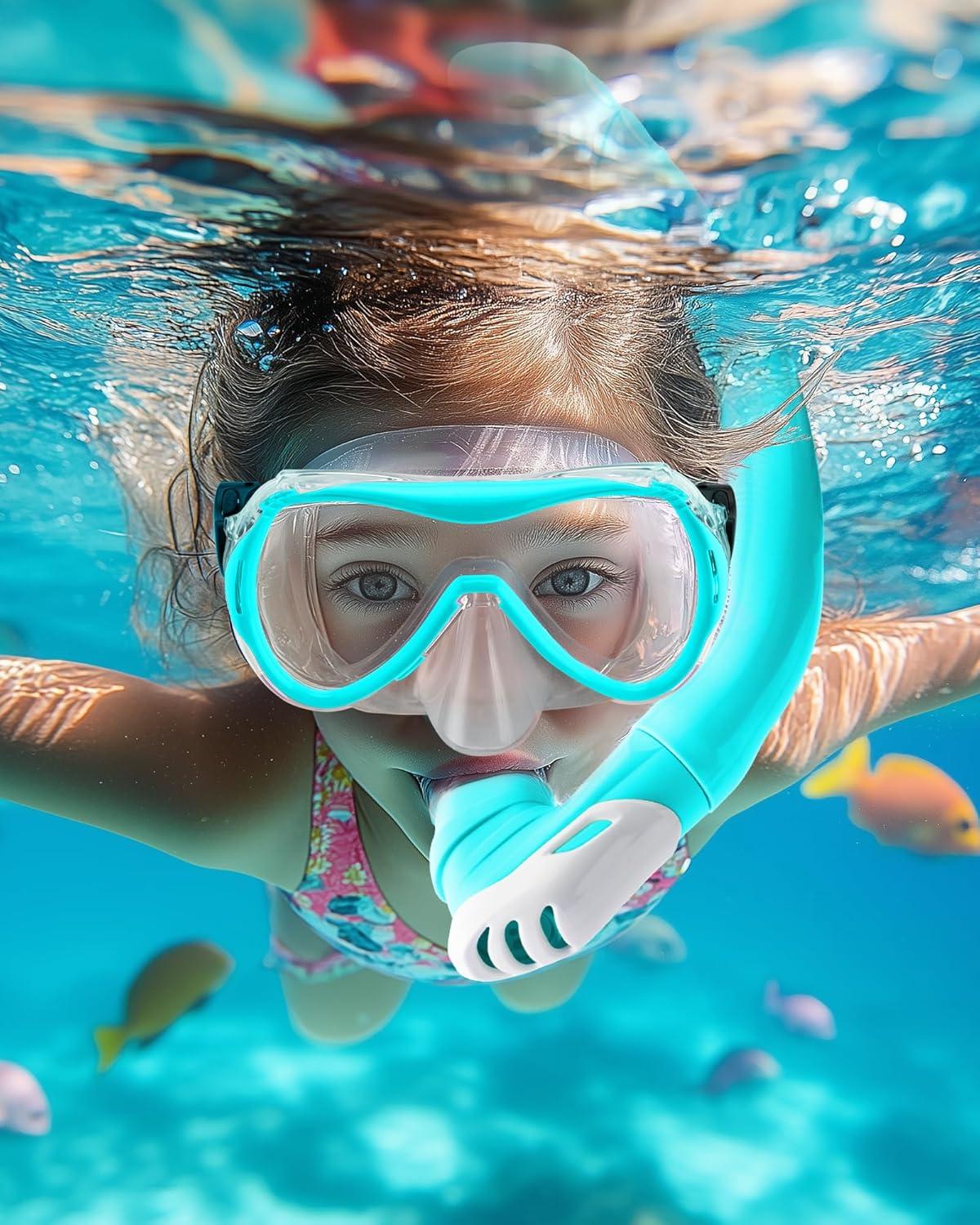 imageOutdoorMaster Marlin Kids Snorkel Set Adjustable Strap Dry Top Diving Mask AntiFog Snorkeling Mask Gear Kids Swimming Goggles for Boys and Girls Age 614