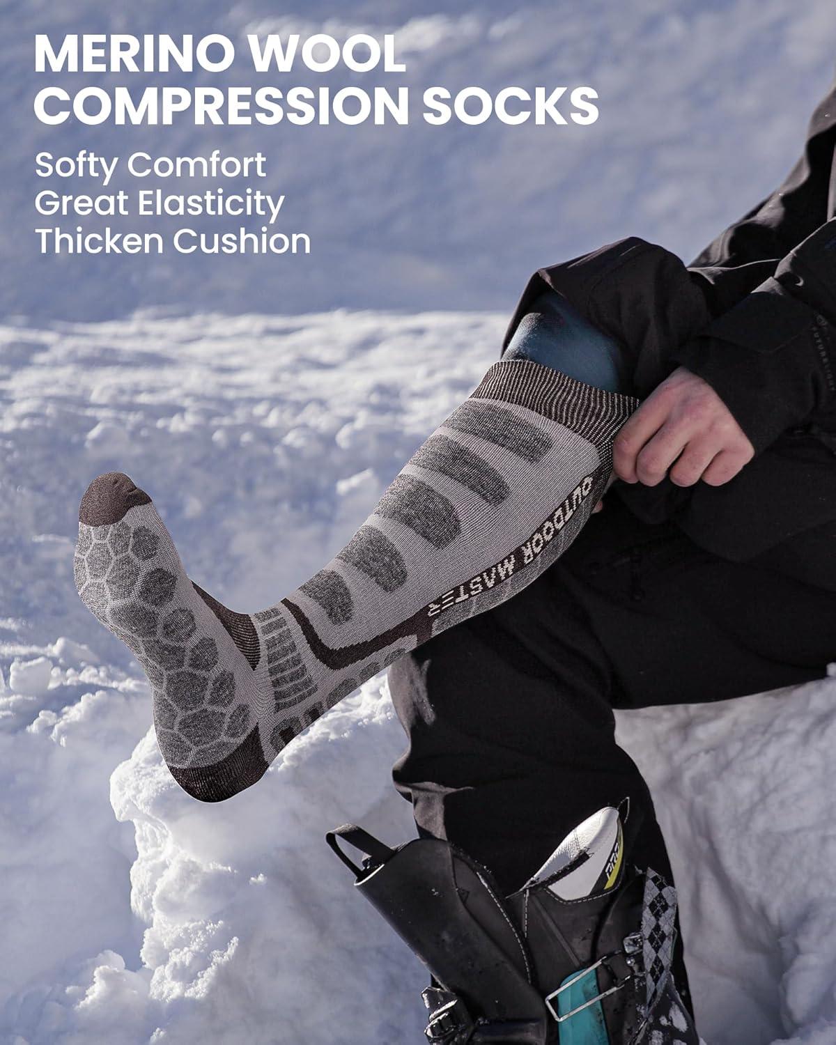 imageOutdoorMaster Merino Wool Ski Socks 23 Pairs Compression Over The Calf for Men ampamp Women Winter Snowboard Thermal SocksBlackgraydark Blue 3 Pairs