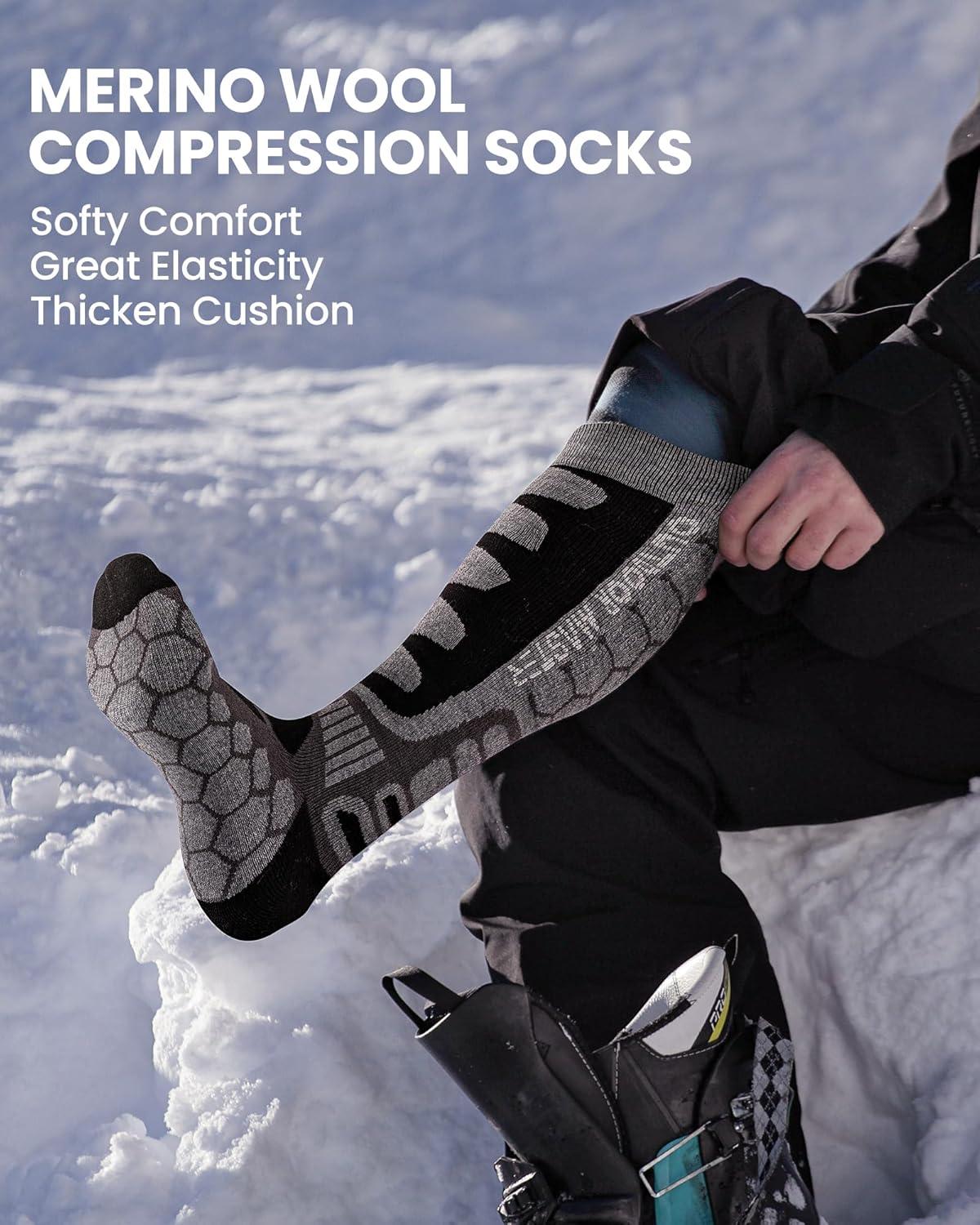 imageOutdoorMaster Merino Wool Ski Socks 23 Pairs Compression Over The Calf for Men ampamp Women Winter Snowboard Thermal SocksBlackgraydark Green 3 Pairs