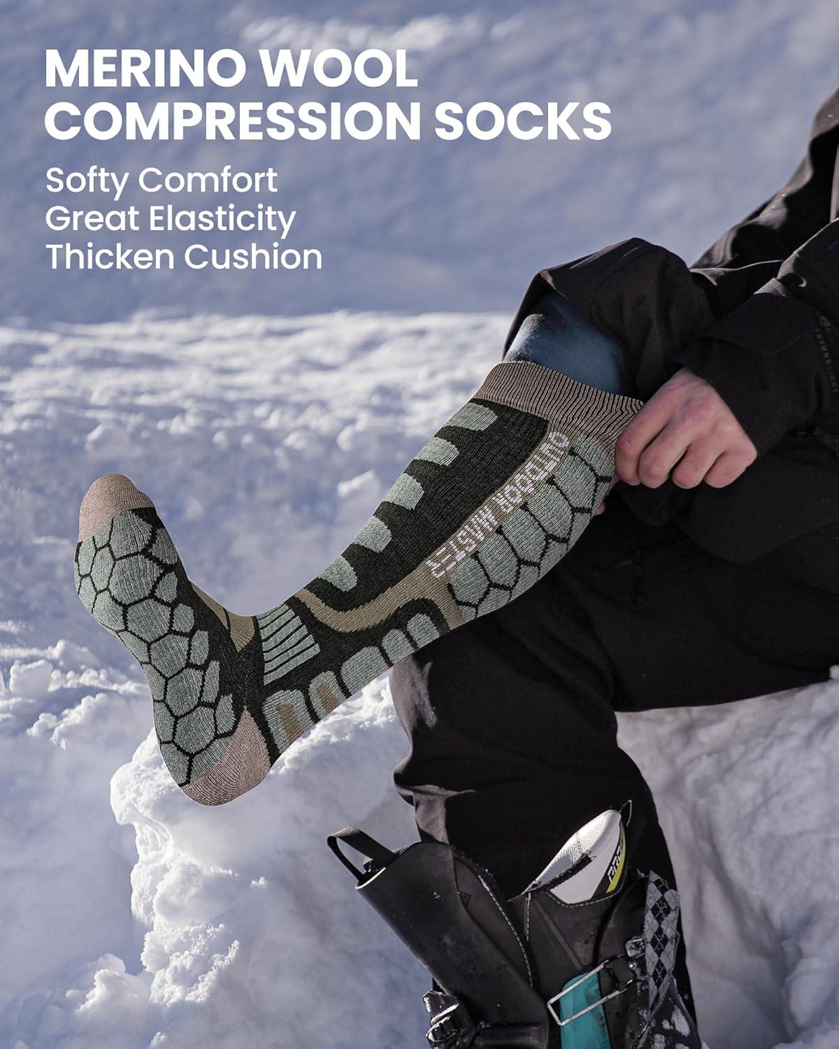 imageOutdoorMaster Merino Wool Ski Socks 23 Pairs Compression Over The Calf for Men ampamp Women Winter Snowboard Thermal SocksBlackgraydark Green