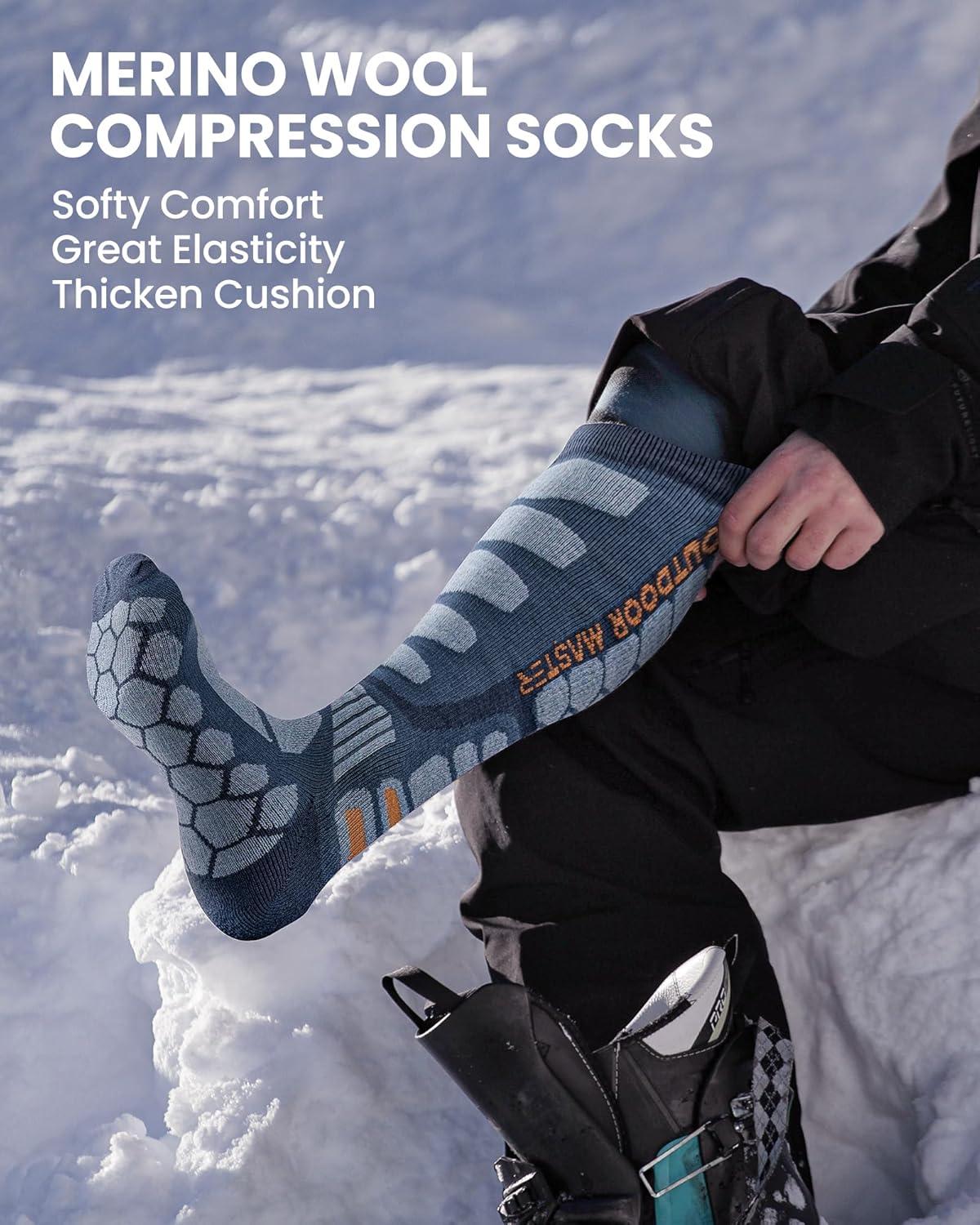 imageOutdoorMaster Merino Wool Ski Socks 23 Pairs Compression Over The Calf for Men ampamp Women Winter Snowboard Thermal SocksDark Blue 2 Pairs