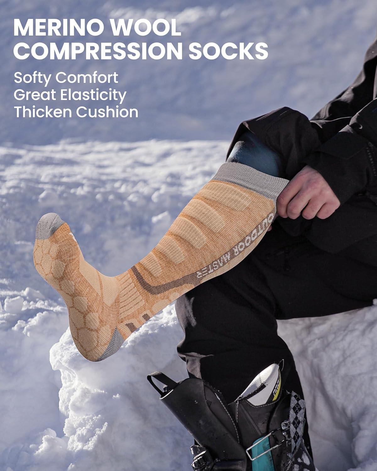 imageOutdoorMaster Merino Wool Ski Socks 23 Pairs Compression Over The Calf for Men ampamp Women Winter Snowboard Thermal SocksKhaki 2 Pairs