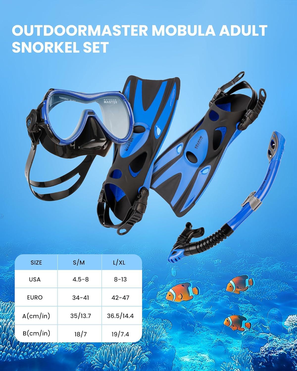 imageOutdoorMaster Mobula Snorkeling Gear for AdultsMask Fins Snorkel Set with Panoramic View AntiFog Dry Top Scuba Gear for Swimming Snorkeling DivingBlue Black