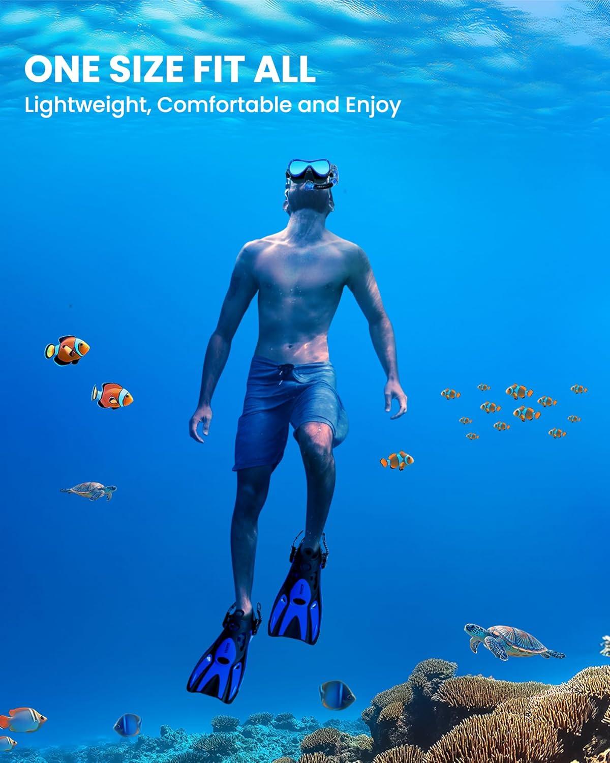 imageOutdoorMaster Mobula Snorkeling Gear for AdultsMask Fins Snorkel Set with Panoramic View AntiFog Dry Top Scuba Gear for Swimming Snorkeling DivingBlue Black