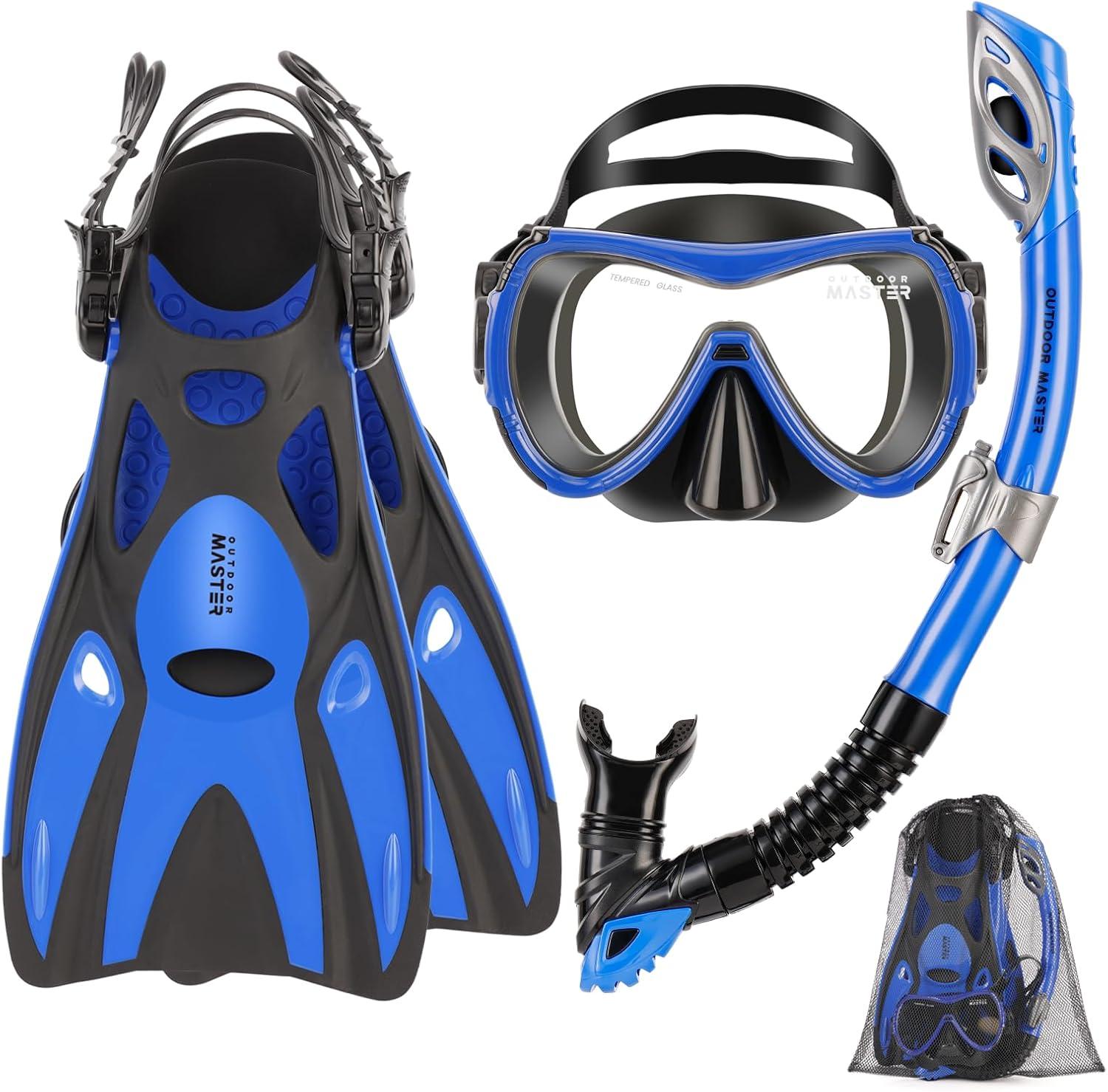 imageOutdoorMaster Mobula Snorkeling Gear for AdultsMask Fins Snorkel Set with Panoramic View AntiFog Dry Top Scuba Gear for Swimming Snorkeling DivingBlue Black