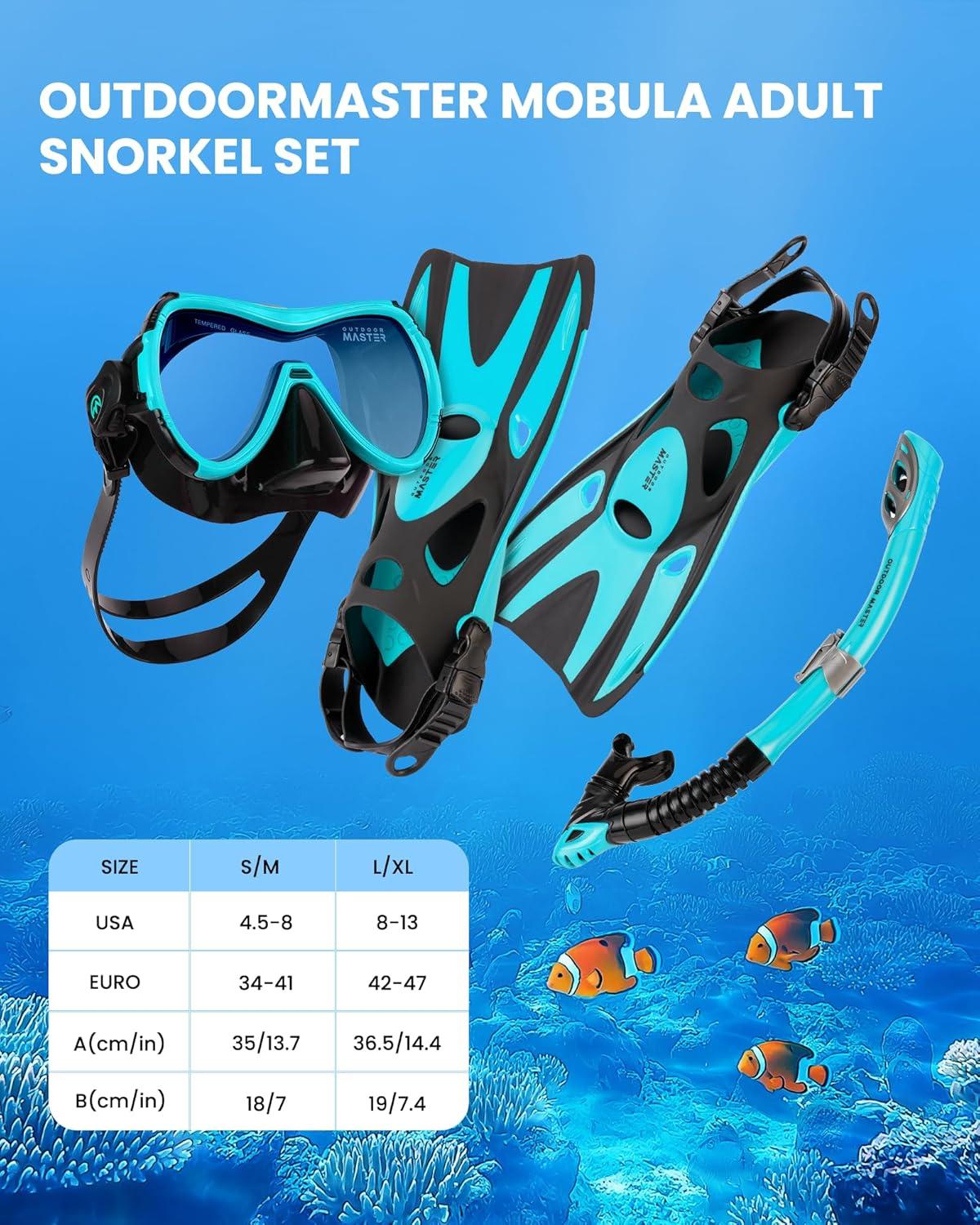 imageOutdoorMaster Mobula Snorkeling Gear for AdultsMask Fins Snorkel Set with Panoramic View AntiFog Dry Top Scuba Gear for Swimming Snorkeling DivingGreen Black
