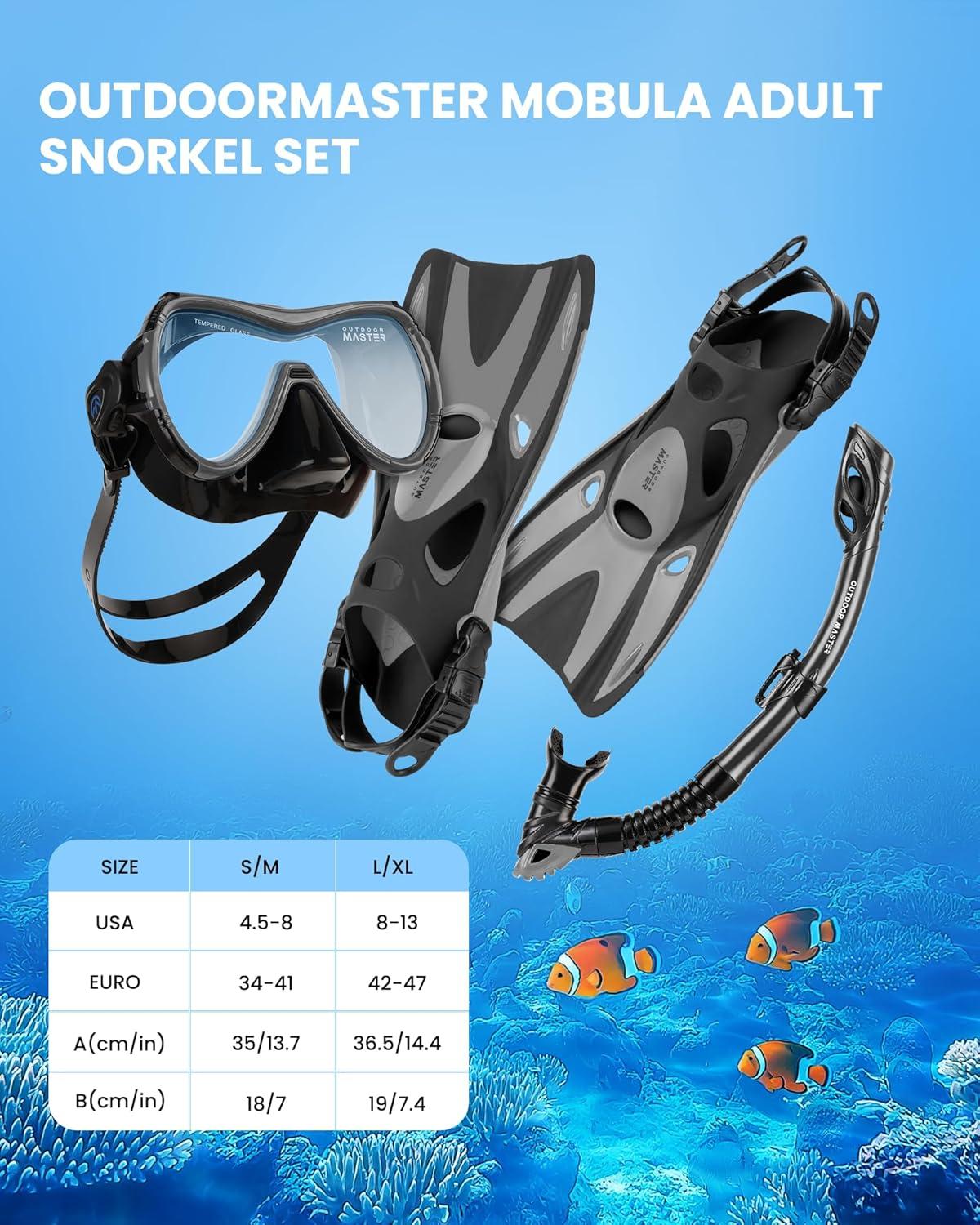imageOutdoorMaster Mobula Snorkeling Gear for AdultsMask Fins Snorkel Set with Panoramic View AntiFog Dry Top Scuba Gear for Swimming Snorkeling DivingGrey Black