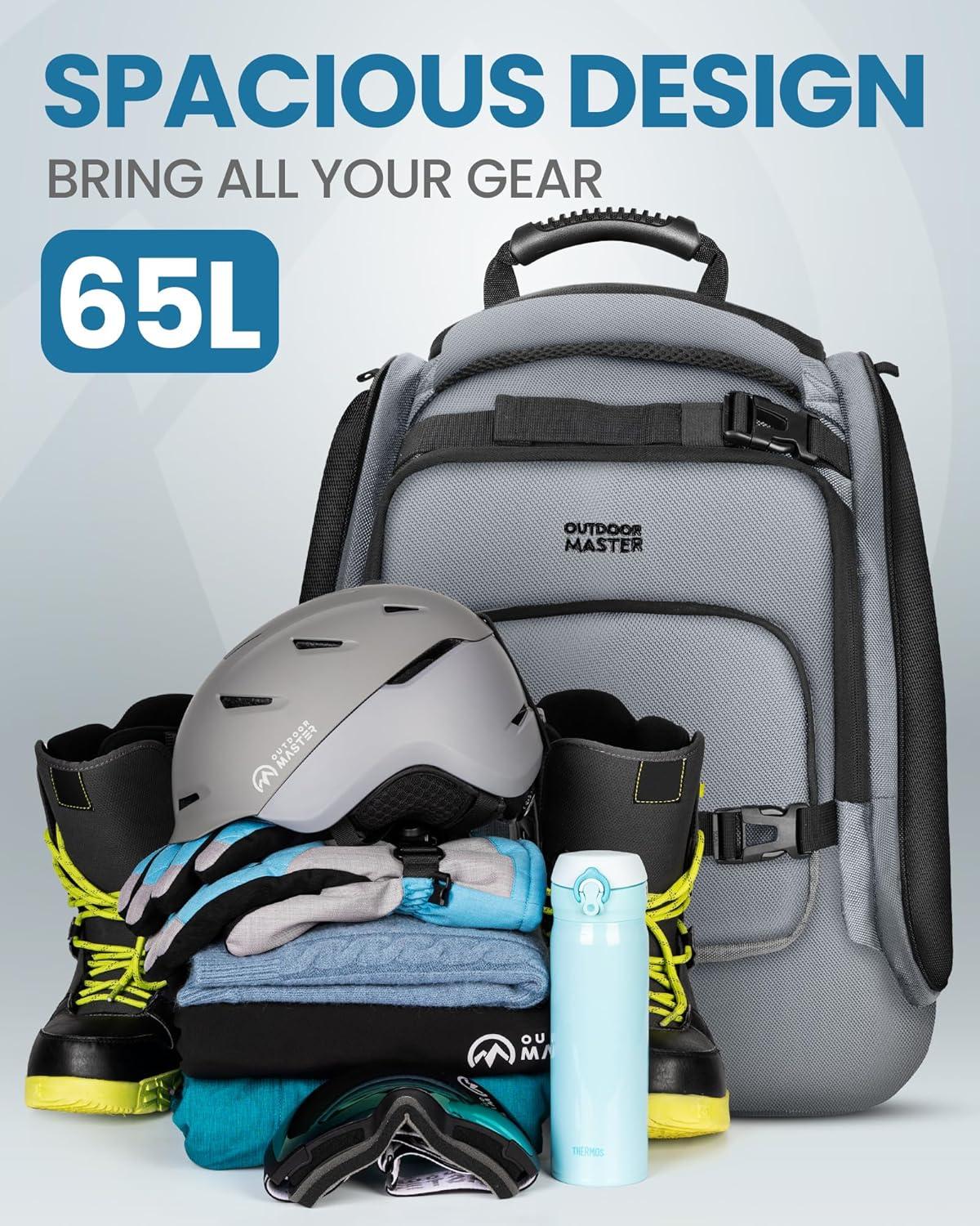 imageOutdoorMaster Ski Boot Bag 65L Waterproof Ski Snowboard Boots Shoulder Pad Skiing Backpack for Helmets Goggles Men ampamp WomenSilver Gray