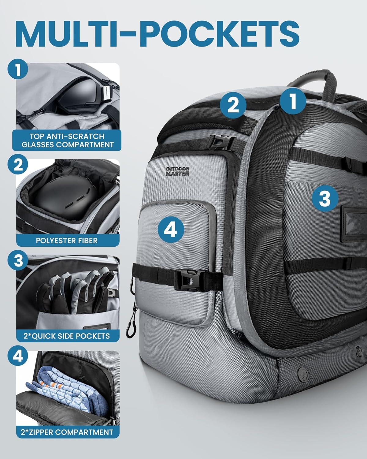 imageOutdoorMaster Ski Boot Bag 65L Waterproof Ski Snowboard Boots Shoulder Pad Skiing Backpack for Helmets Goggles Men ampamp WomenSilver Gray