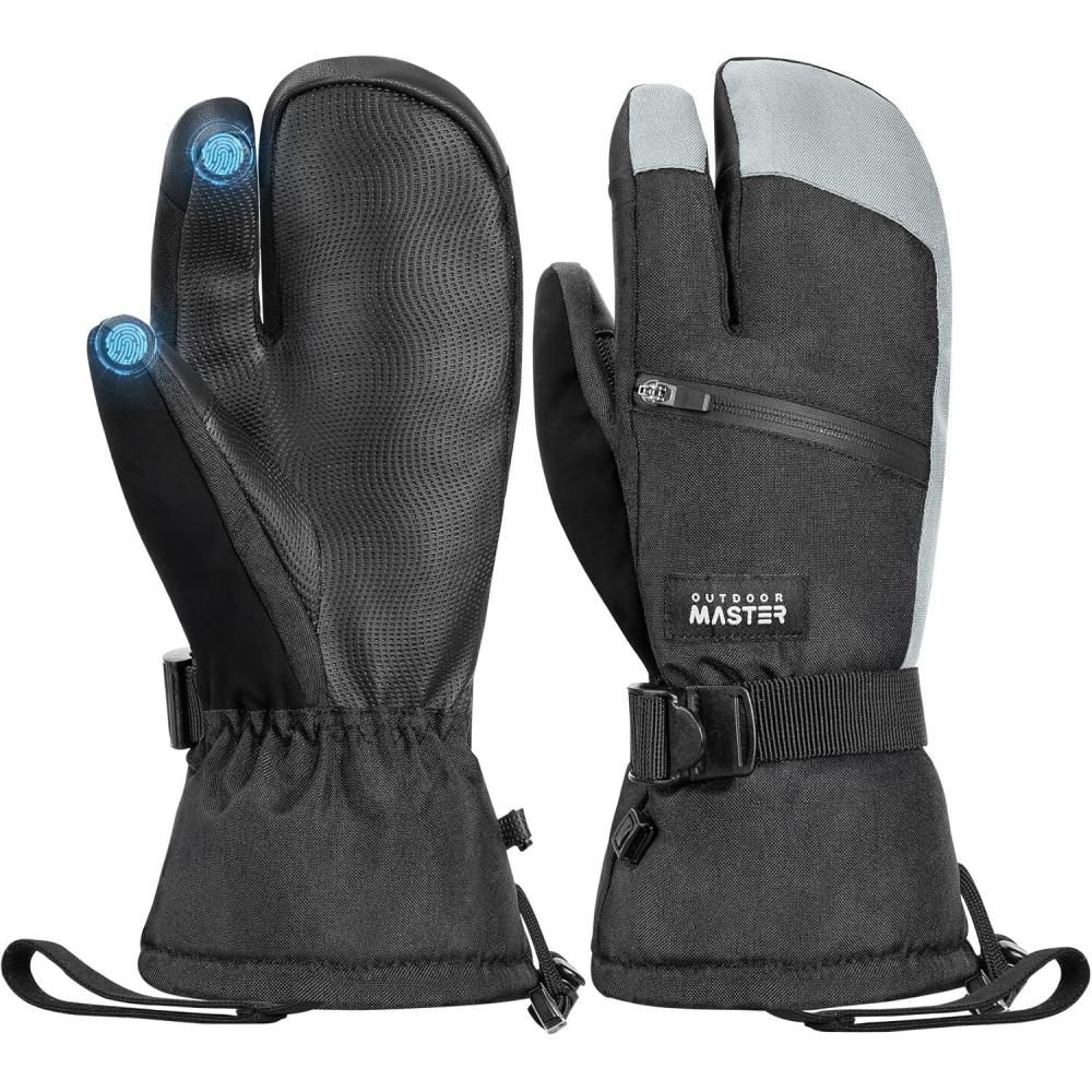 imageOutdoorMaster 3Finger Ski Snow Gloves for Women ampamp Men Winter Warm Snowboard Ski Mittens Screen Touch Thermal Waterproof with DoublePocket for Cold Weather Sports Skiing SnowboardingBlackGray