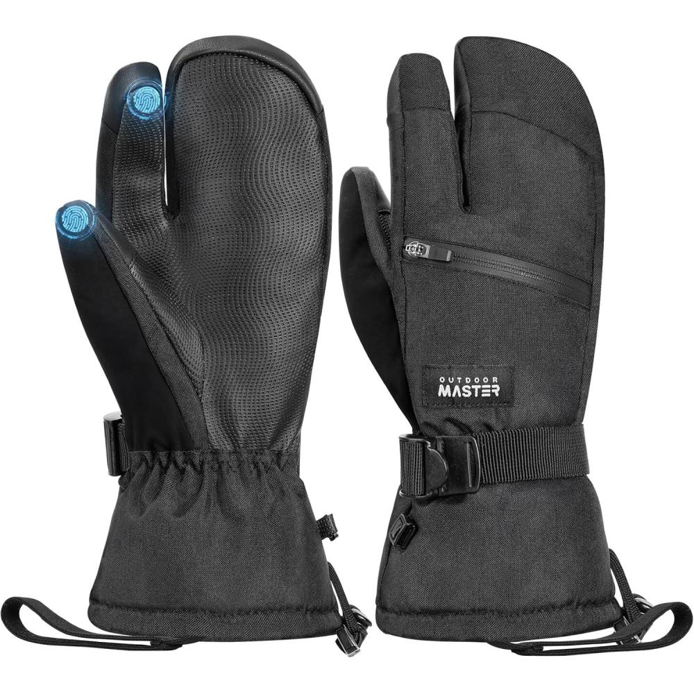 imageOutdoorMaster 3Finger Ski Snow Gloves for Women ampamp Men Winter Warm Snowboard Ski Mittens Screen Touch Thermal Waterproof with DoublePocket for Cold Weather Sports Skiing SnowboardingBlack