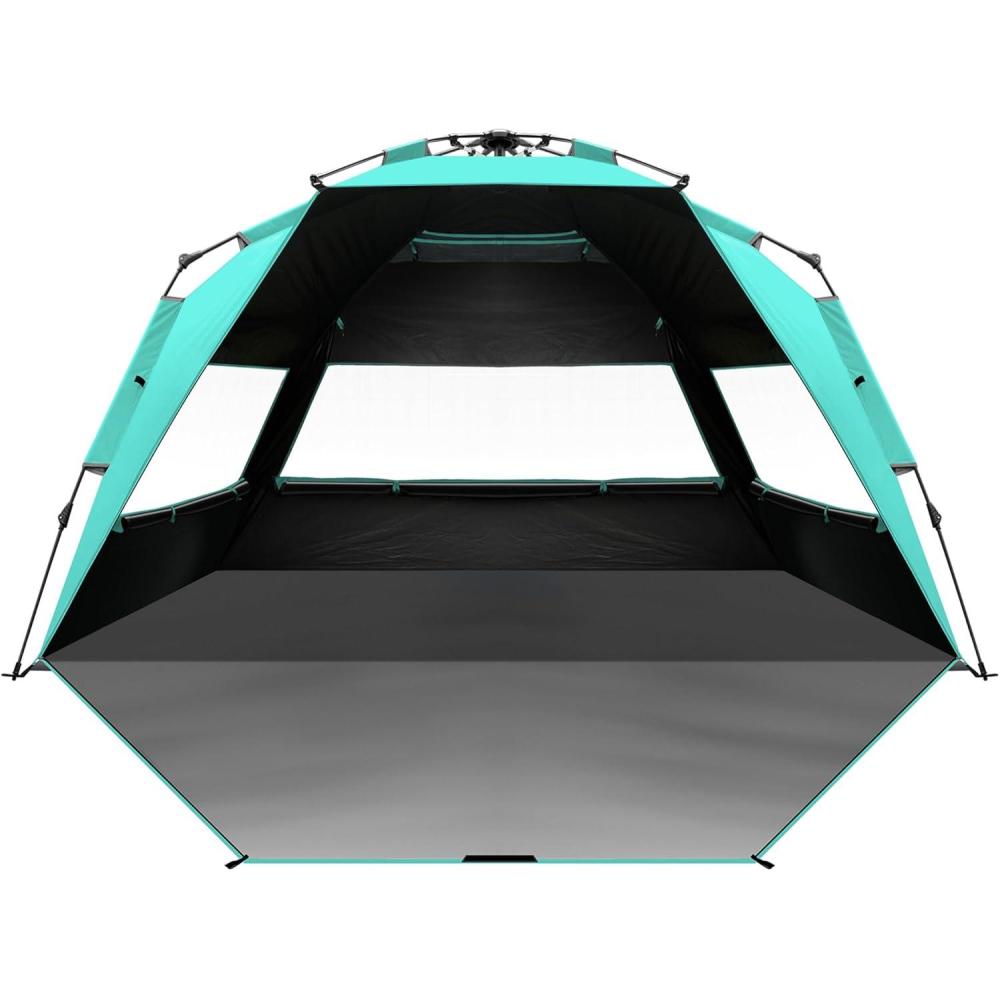 imageOutdoorMaster Beach Tent with Blackout Shelter Technology Portable Sun Shade Shelter 4 Person Pop Up Beach Tents with UPF 50 UV Protection 95mm Thick Pole 3 Ventilating Mesh Windows GreenGreen
