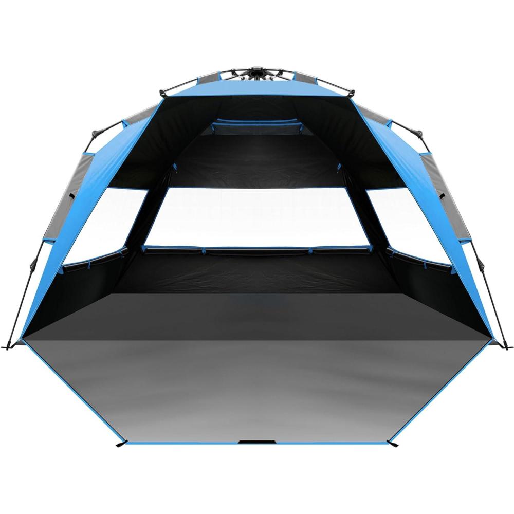 imageOutdoorMaster Beach Tent with Blackout Shelter Technology Portable Sun Shade Shelter 4 Person Pop Up Beach Tents with UPF 50 UV Protection 95mm Thick Pole 3 Ventilating Mesh Windows GreenBlue