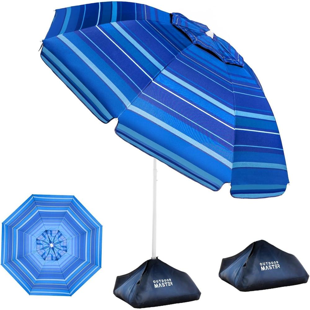 imageOutdoorMaster Beach Umbrellas for Sand with Sandbag ampamp Anchor 65ft Adjustable Umbrella for Beach Heavy Duty Wind Portable UPF50 Sunshade with Carry Bag for Patio Light Blue StripedDark Blue Striped
