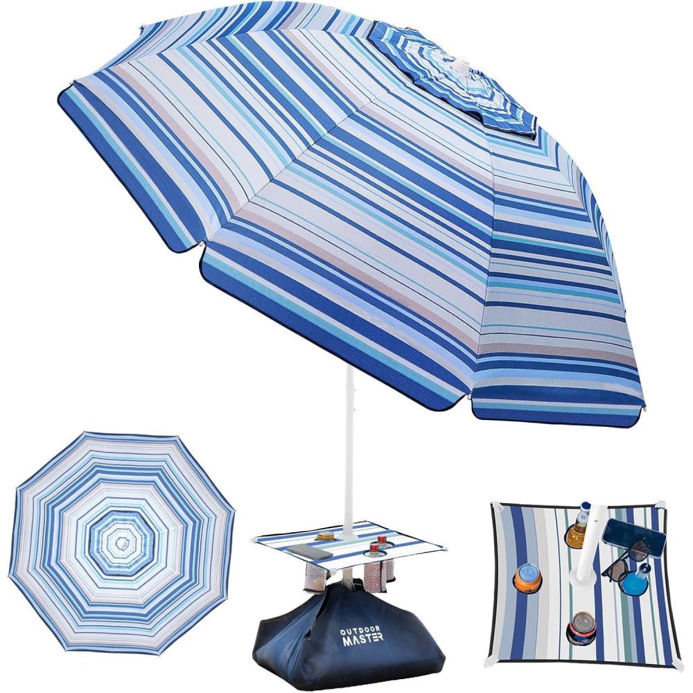 imageOutdoorMaster Beach Umbrellas for Sand with Sandbag ampamp Anchor 65ft Adjustable Umbrella for Beach Heavy Duty Wind Portable UPF50 Sunshade with Carry Bag for Patio Light Blue StripedB02 New VersionBlueWhite Striped with Cup Holder