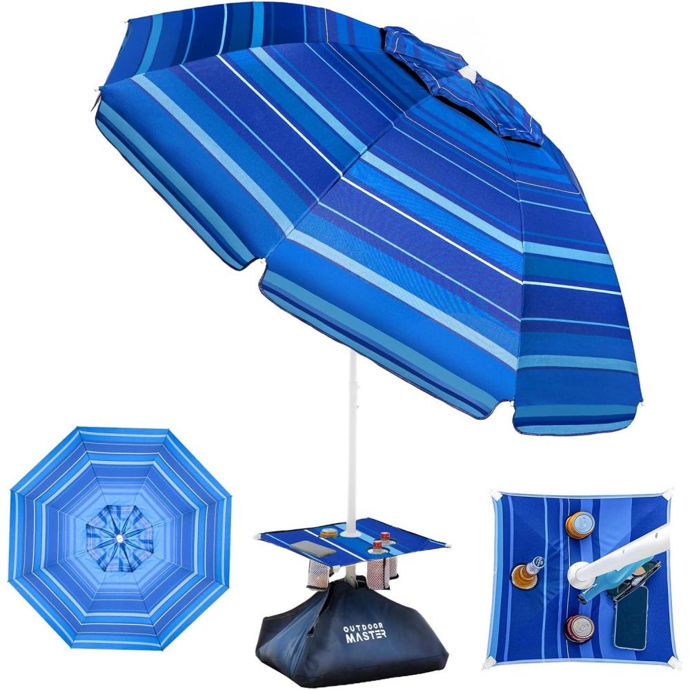 imageOutdoorMaster Beach Umbrellas for Sand with Sandbag ampamp Anchor 65ft Adjustable Umbrella for Beach Heavy Duty Wind Portable UPF50 Sunshade with Carry Bag for Patio Light Blue StripedNew VersionDark Blue Striped with Cup Holder
