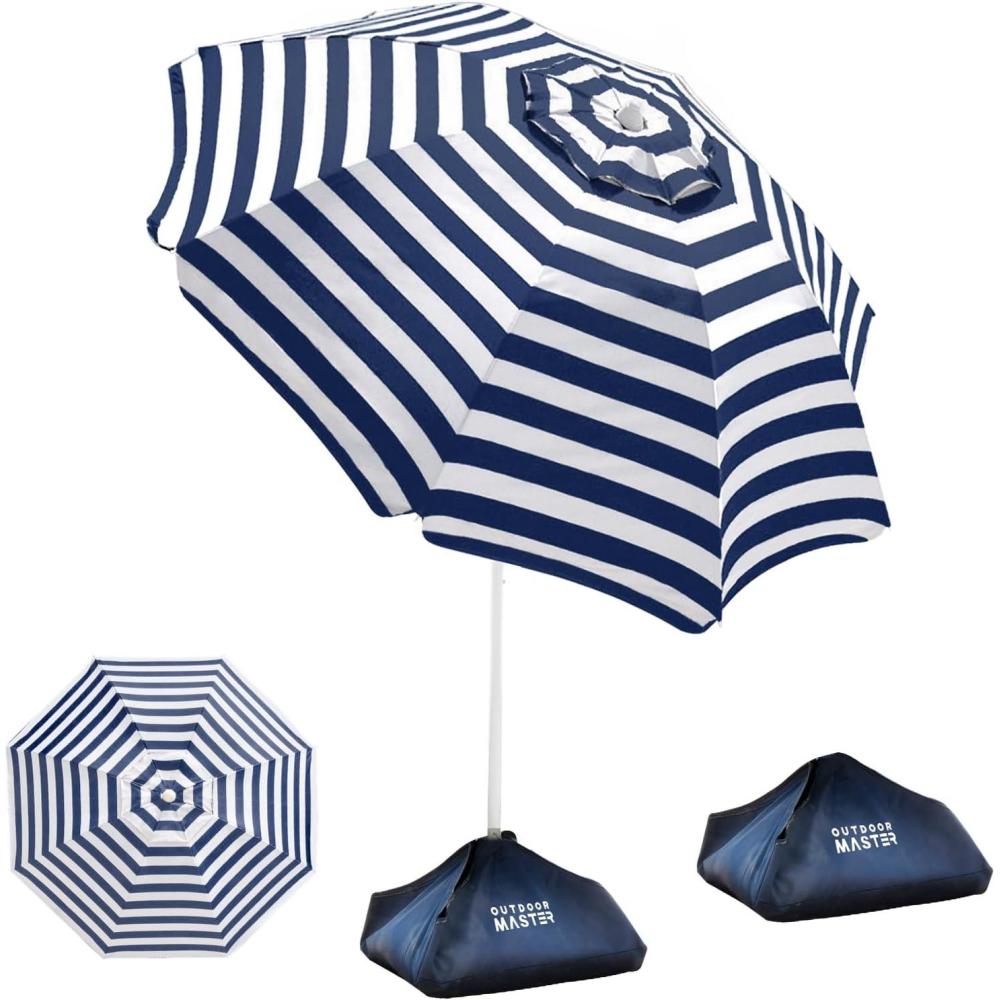 imageOutdoorMaster Beach Umbrellas for Sand with Sandbag ampamp Anchor 65ft Adjustable Umbrella for Beach Heavy Duty Wind Portable UPF50 Sunshade with Carry Bag for Patio Light Blue StripedA01 Navy Striped