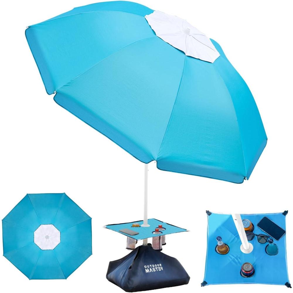 imageOutdoorMaster Beach Umbrellas for Sand with Sandbag ampamp Anchor 65ft Adjustable Umbrella for Beach Heavy Duty Wind Portable UPF50 Sunshade with Carry Bag for Patio Light Blue StripedNew VersionTurquoise with Cup Holder