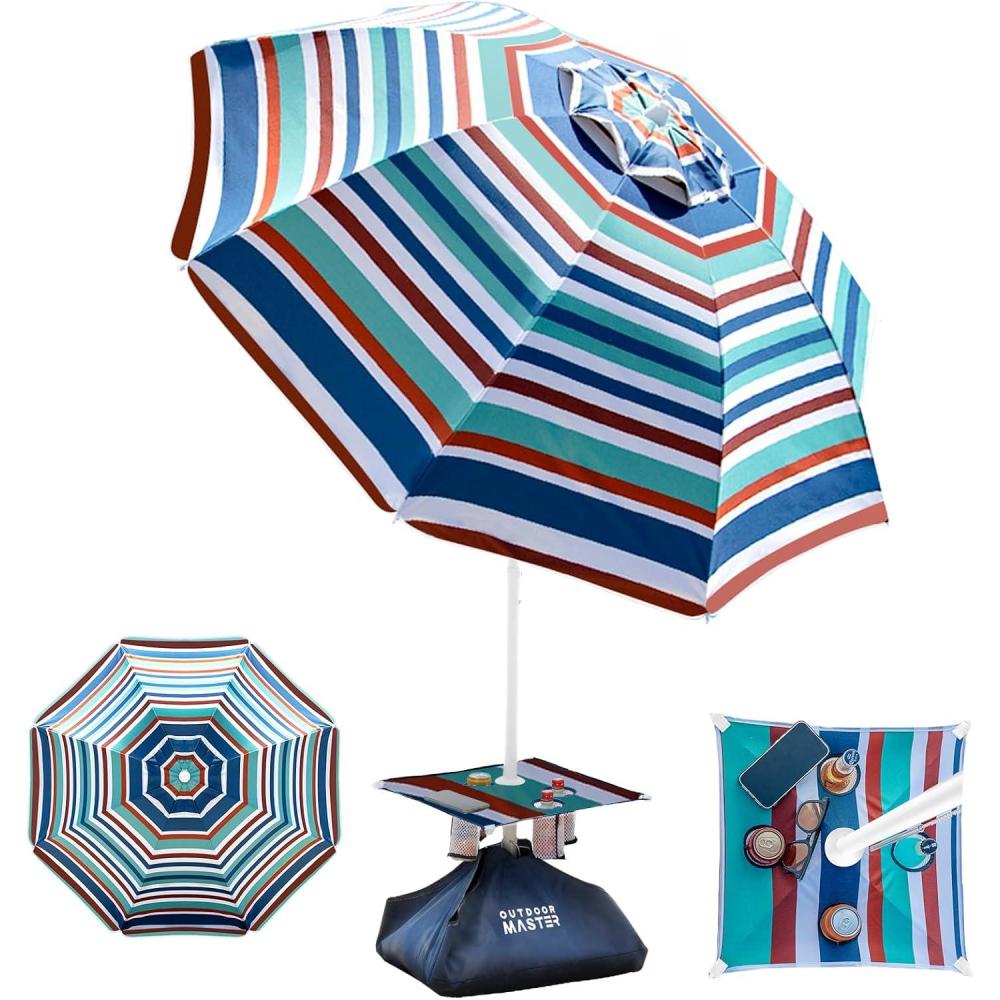imageOutdoorMaster Beach Umbrellas for Sand with Sandbag ampamp Anchor 65ft Adjustable Umbrella for Beach Heavy Duty Wind Portable UPF50 Sunshade with Carry Bag for Patio Light Blue StripedNew VersionBlueRed Striped with Cup Holder