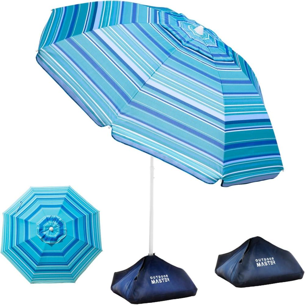 imageOutdoorMaster Beach Umbrellas for Sand with Sandbag ampamp Anchor 65ft Adjustable Umbrella for Beach Heavy Duty Wind Portable UPF50 Sunshade with Carry Bag for Patio Light Blue StripedA03 Light Blue Striped