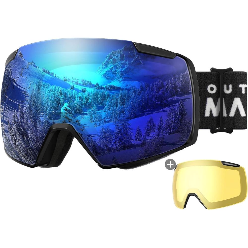 imageOutdoorMaster Heron Ski Goggles with 2 Lens Frameless Magnetic Interchangeable HD Toric Lens OTG Snowboard GogglesAblackframe Revoblue Vlt 15 Yellowlens