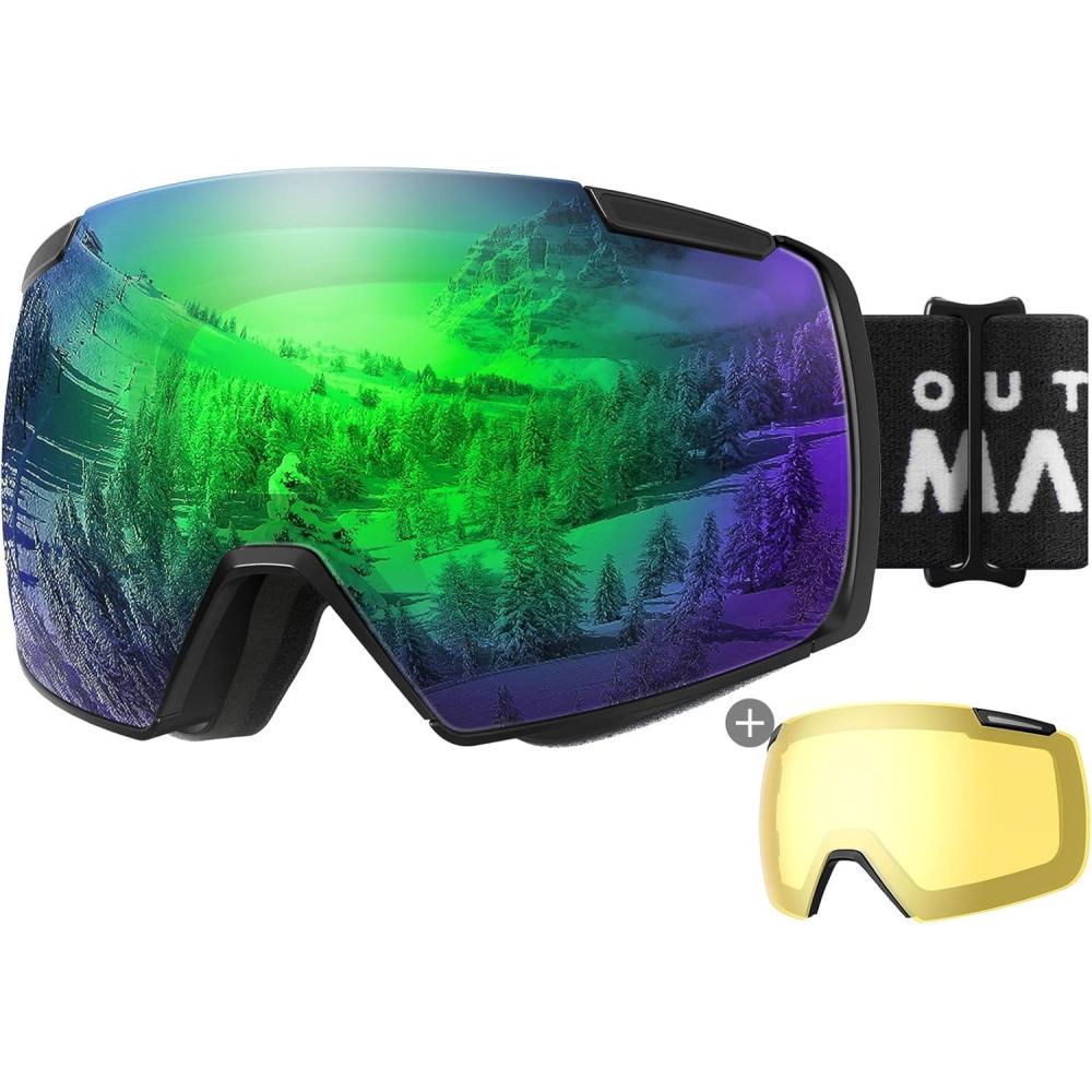 imageOutdoorMaster Heron Ski Goggles with 2 Lens Frameless Magnetic Interchangeable HD Toric Lens OTG Snowboard GogglesAblackframe Revogreen Vlt 18 Yellowlens