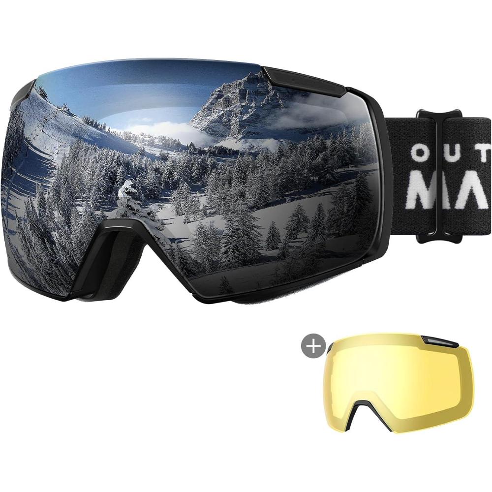 imageOutdoorMaster Heron Ski Goggles with 2 Lens Frameless Magnetic Interchangeable HD Toric Lens OTG Snowboard GogglesAblackframe Silver Vlt 10 Yellowlens