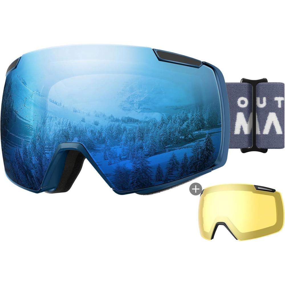 imageOutdoorMaster Heron Ski Goggles with 2 Lens Frameless Magnetic Interchangeable HD Toric Lens OTG Snowboard GogglesAblueframe Revoblue Vlt 16 Yellowlens