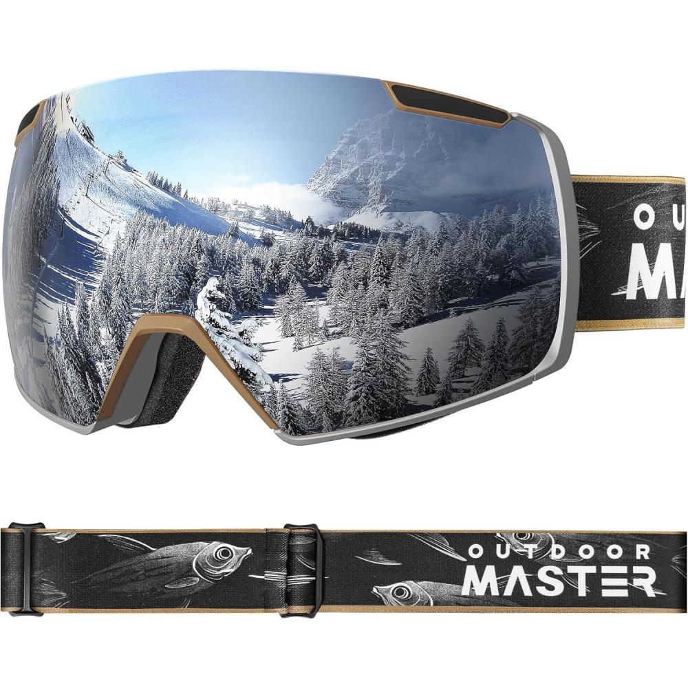 imageOutdoorMaster Heron Ski Goggles with 2 Lens Frameless Magnetic Interchangeable HD Toric Lens OTG Snowboard GogglesAdesignframe Silver Vlt 12 Yellowlens