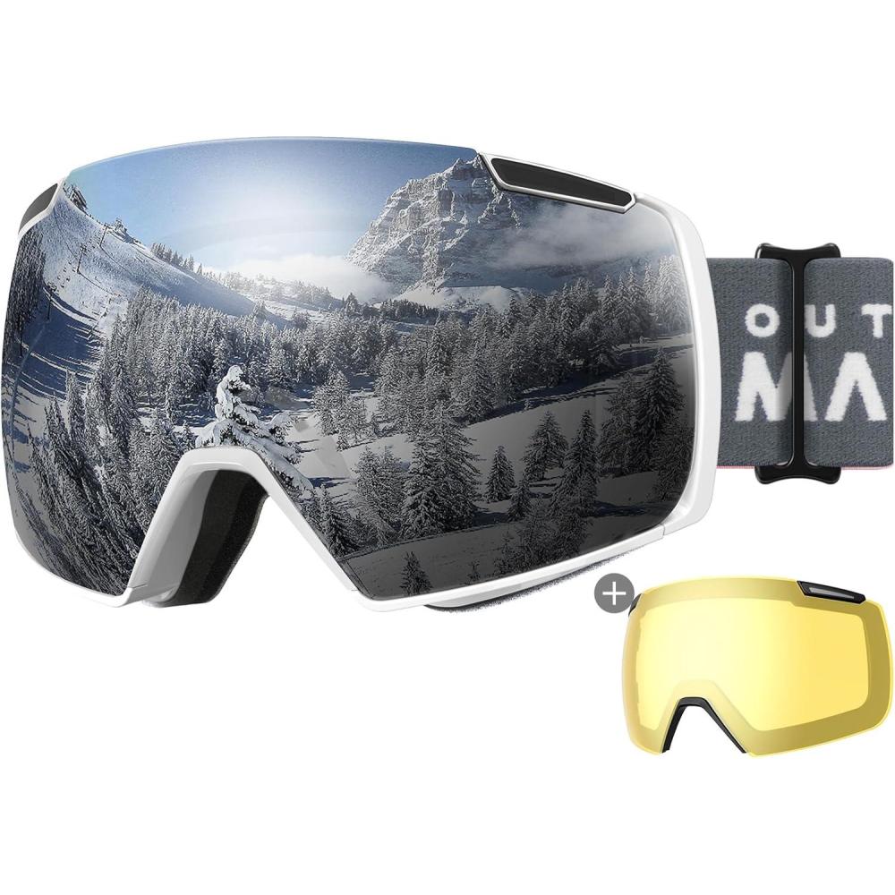 imageOutdoorMaster Heron Ski Goggles with 2 Lens Frameless Magnetic Interchangeable HD Toric Lens OTG Snowboard GogglesAwhiteframe Silver Vlt 10 Yellowlens
