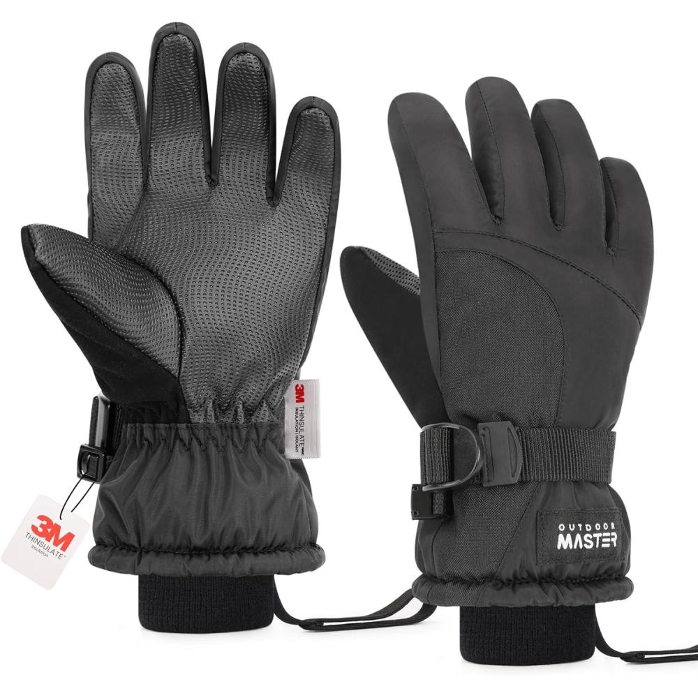 imageOutdoorMaster Kids Ski Snow Gloves 3M Thinsulate Winter Windproof Waterproof Thermal Gloves for Boys ampamp Girls Fits Youth Winter Sports Skiing SnowboardBlack