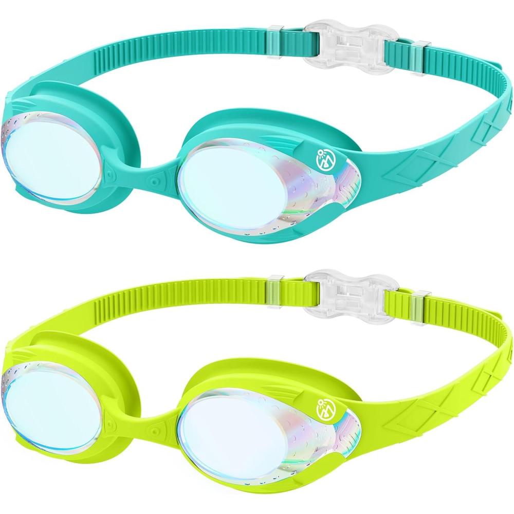 imageOutdoorMaster Kids Swim Goggles 2 Pack Quick Adjustable Strap Swimming Goggles for KidsRevo Green Cyan