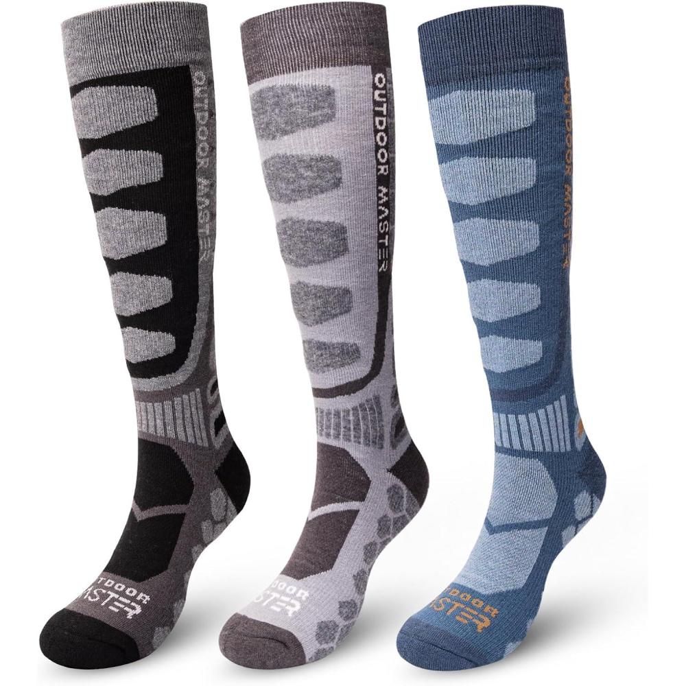 imageOutdoorMaster Merino Wool Ski Socks 23 Pairs Compression Over The Calf for Men ampamp Women Winter Snowboard Thermal SocksBlackgraydark Blue 3 Pairs