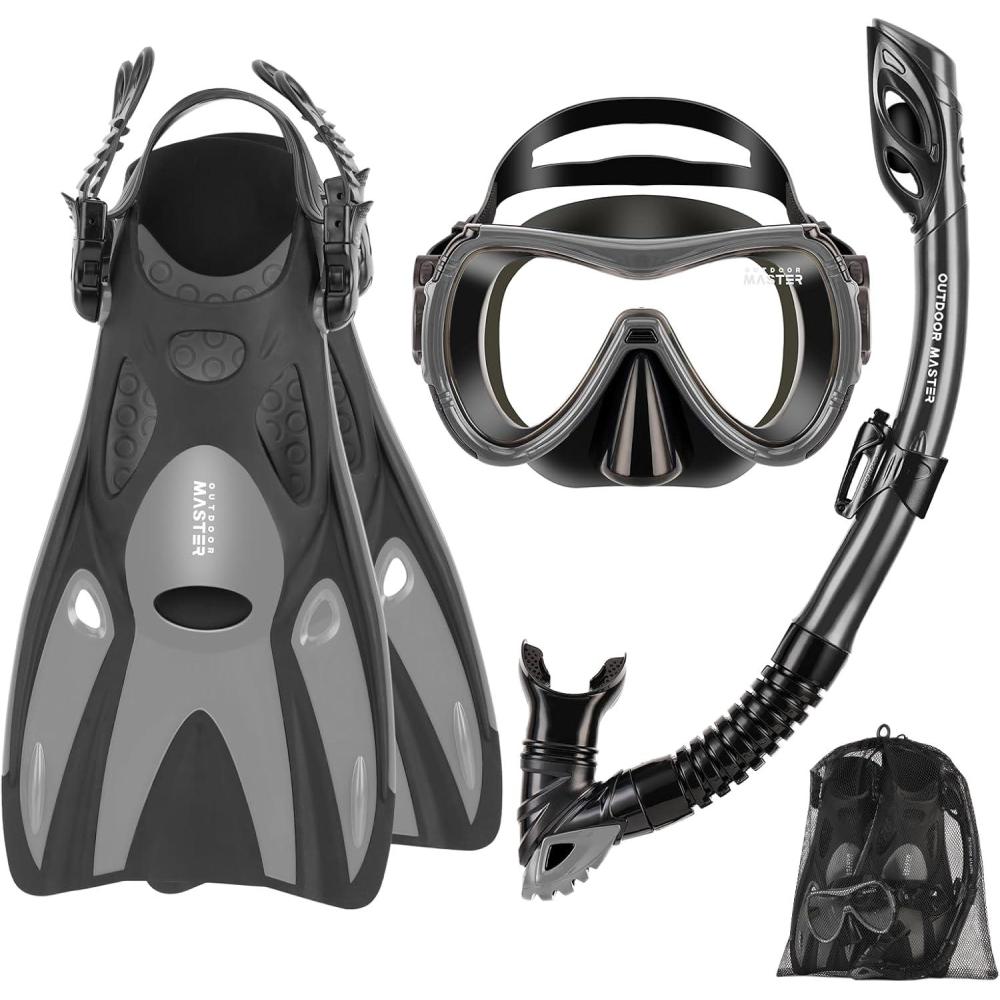 imageOutdoorMaster Mobula Snorkeling Gear for AdultsMask Fins Snorkel Set with Panoramic View AntiFog Dry Top Scuba Gear for Swimming Snorkeling DivingGrey Black