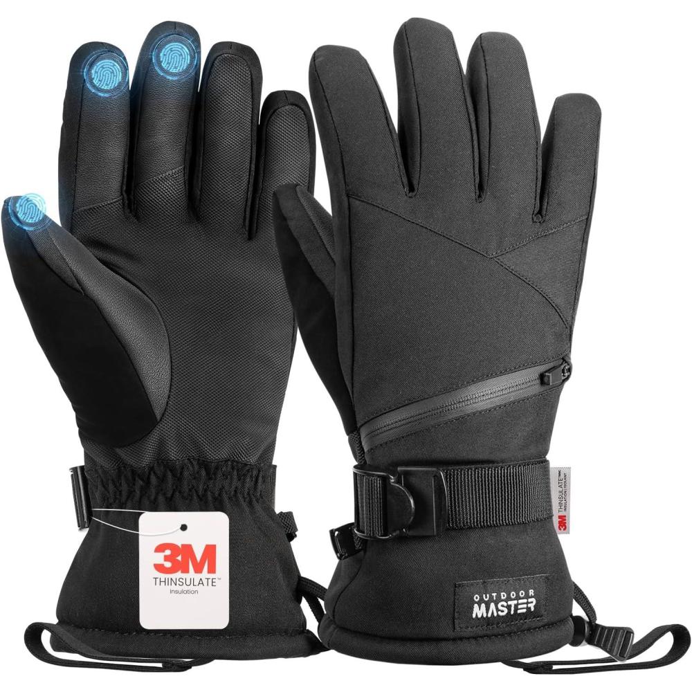 imageOutdoorMaster Ski Snow Gloves for Women ampamp Men 3M Thinsulate Waterproof Snowboard Gloves for Winter Warm Windproof Snowmobile with DoublePocketBlack