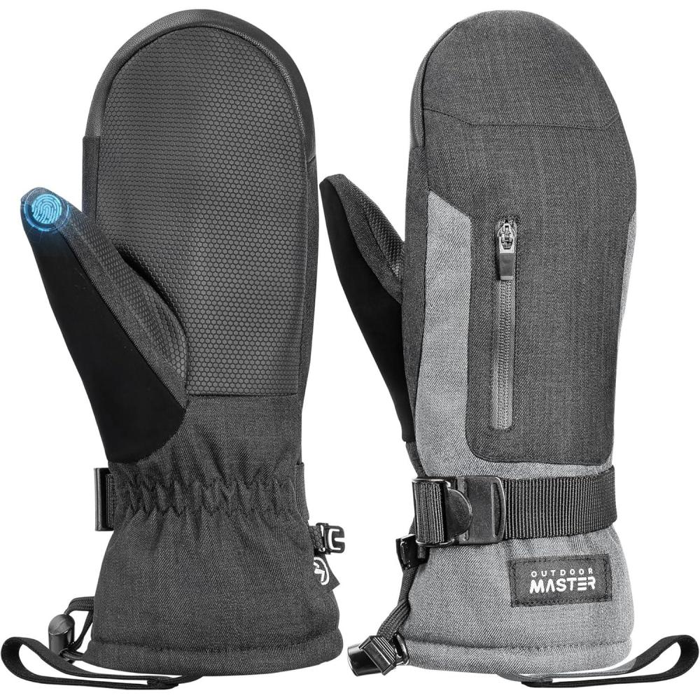 imageOutdoorMaster Ski Snow Mittens for Women ampamp Men Thermal Snowboard Ski Gloves Screen Touch Warm Winter AntiSlip Waterproof with DoublePocket for Cold Weather Sports Skiing SnowboardingBlackGray