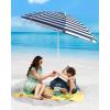 OutdoorMaster Beach Umbrellas for Sand with Sandbag & Anchor, 6.5ft Adjustable Umbrella for Beach Heavy Duty Wind, Portable UPF50+ Sunshade with Carry Bag for Patio, Light Blue Striped(A01 Navy Striped)
