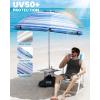 OutdoorMaster Beach Umbrellas for Sand with Sandbag & Anchor, 6.5ft Adjustable Umbrella for Beach Heavy Duty Wind, Portable UPF50+ Sunshade with Carry Bag for Patio, Light Blue Striped(B02 New Version-Blue/White Striped with Cup Holder)