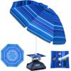 OutdoorMaster Beach Umbrellas for Sand with Sandbag & Anchor, 6.5ft Adjustable Umbrella for Beach Heavy Duty Wind, Portable UPF50+ Sunshade with Carry Bag for Patio, Light Blue Striped(New Version-Dark Blue Striped with Cup Holder)