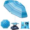 OutdoorMaster Beach Umbrellas for Sand with Sandbag & Anchor, 6.5ft Adjustable Umbrella for Beach Heavy Duty Wind, Portable UPF50+ Sunshade with Carry Bag for Patio, Light Blue Striped(B03 New Version-Light Blue Striped with Cup Holder)